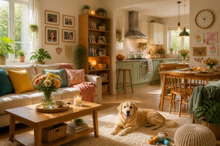 A bright, cozy living room and kitchen with family photos, plants, toys, and fresh flowers, showing a warm and happy home.