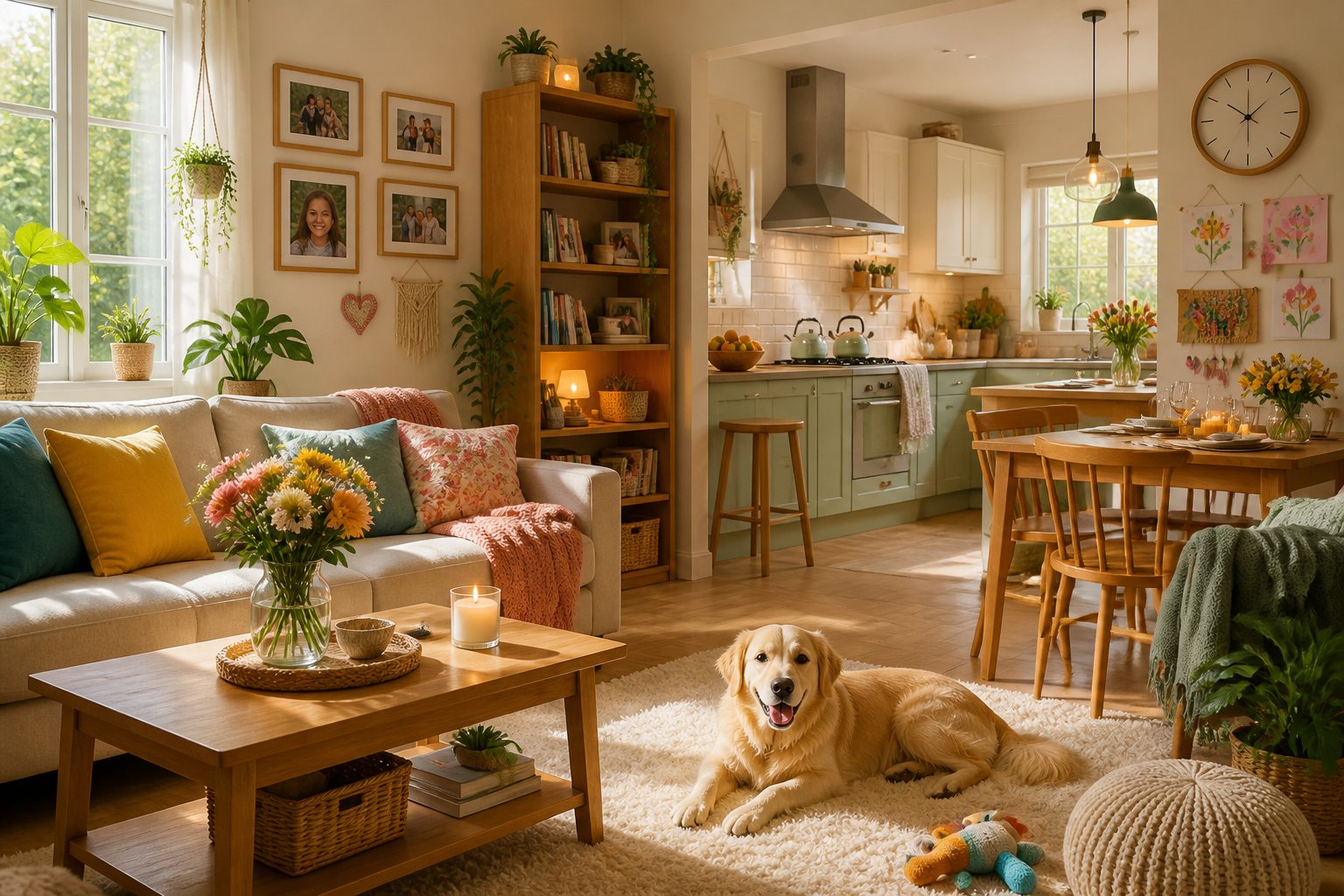 A bright, cozy living room and kitchen with family photos, plants, toys, and fresh flowers, showing a warm and happy home.