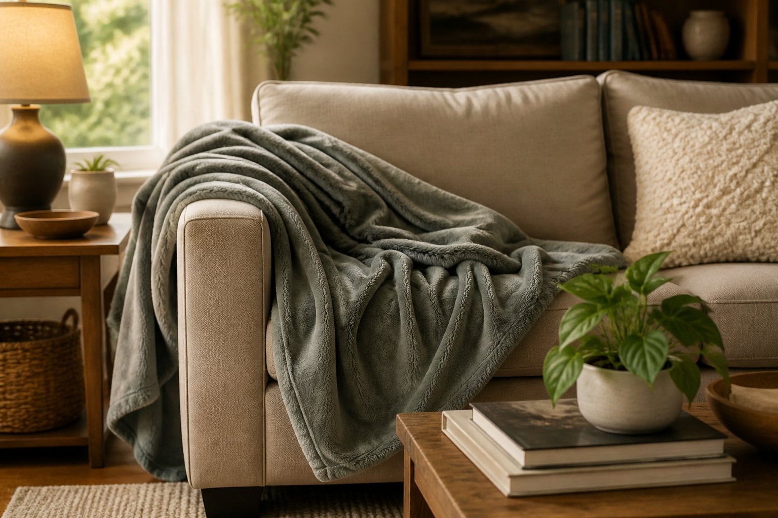 A cozy living room with a well-worn fleece throw blanket draped over a couch arm.