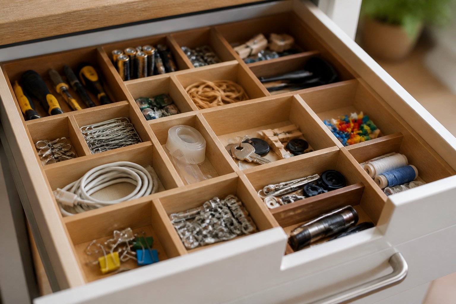An open junk drawer with neatly arranged compartments holding common household items like batteries, paper clips, rubber bands, and small tools.
