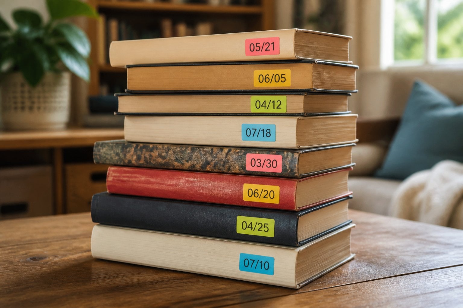 A rotating stack of library books with visible due-date stickers on a wooden table in a cozy home setting.