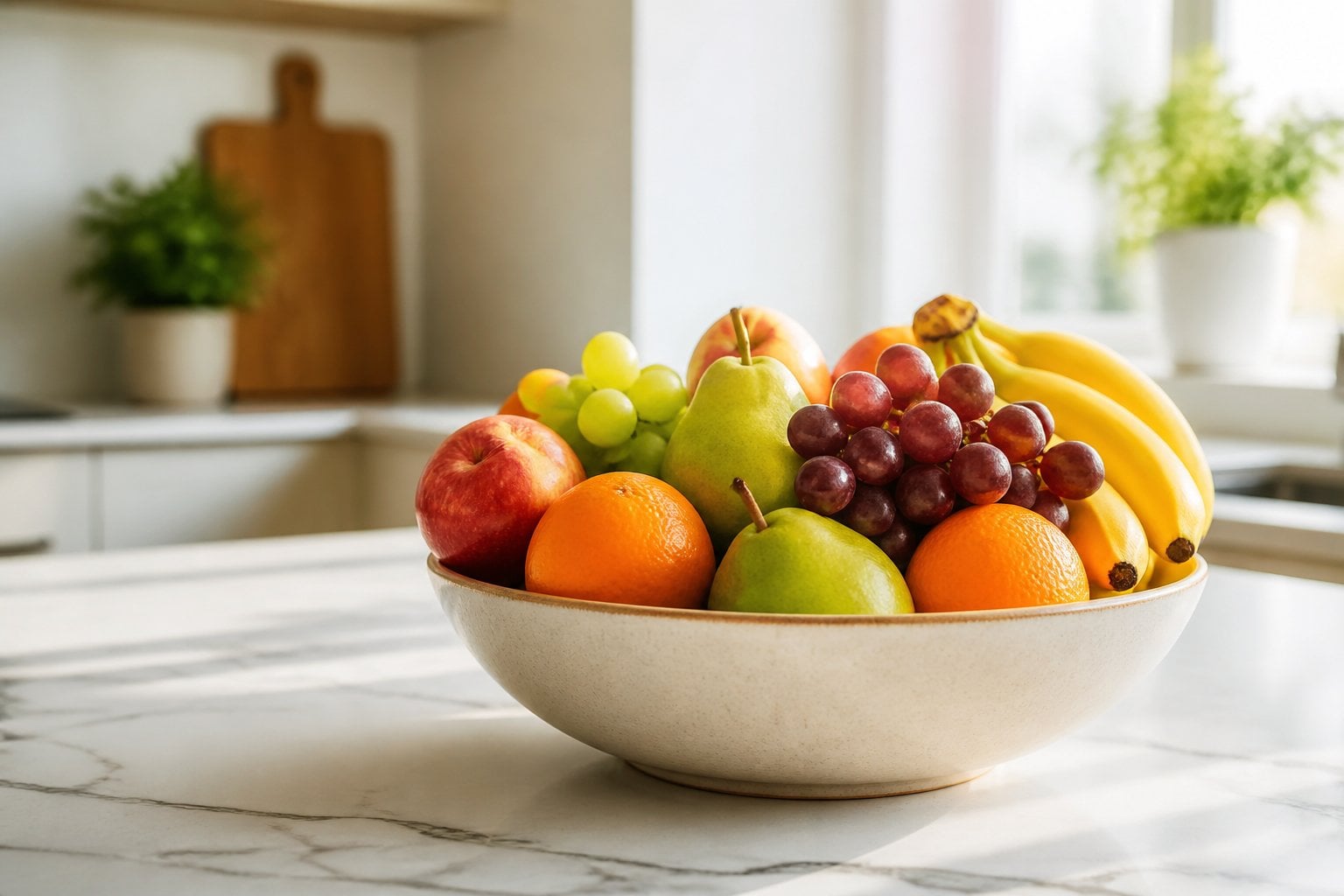 A kitchen counter with a bowl holding a variety of fresh seasonal fruit including apples, oranges, pears, bananas, and grapes.