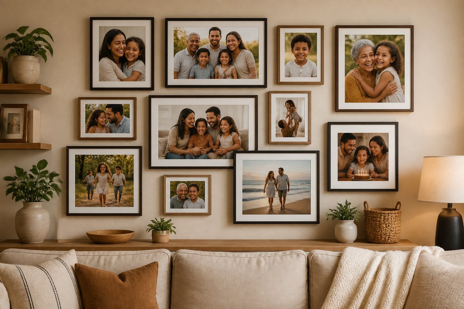 A wall displaying a gallery of framed family photos showing smiling family members in various happy moments.
