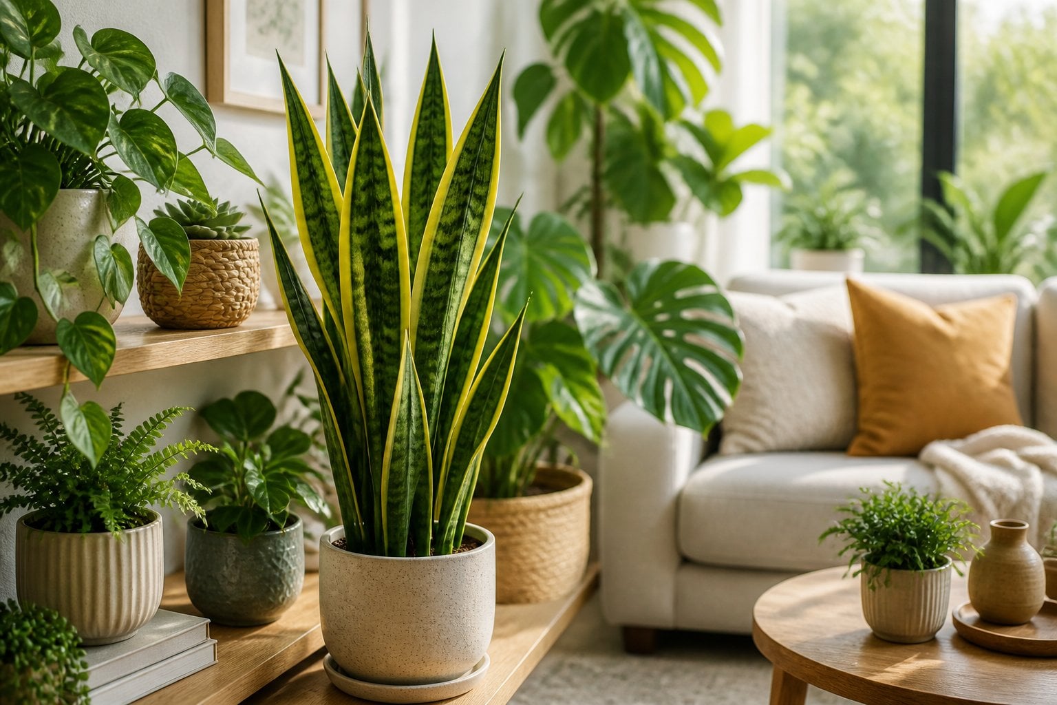A collection of houseplants including a tall snake plant arranged in a bright and cozy living room with natural sunlight and home decor.
