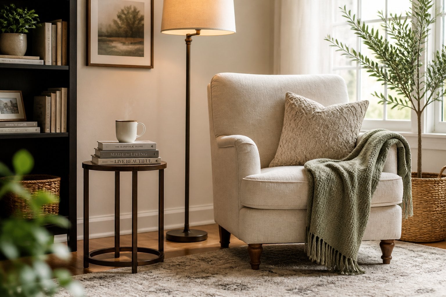 A cozy reading nook with a comfortable armchair, floor lamp, small side table with books and a cup, and a potted plant near a window.
