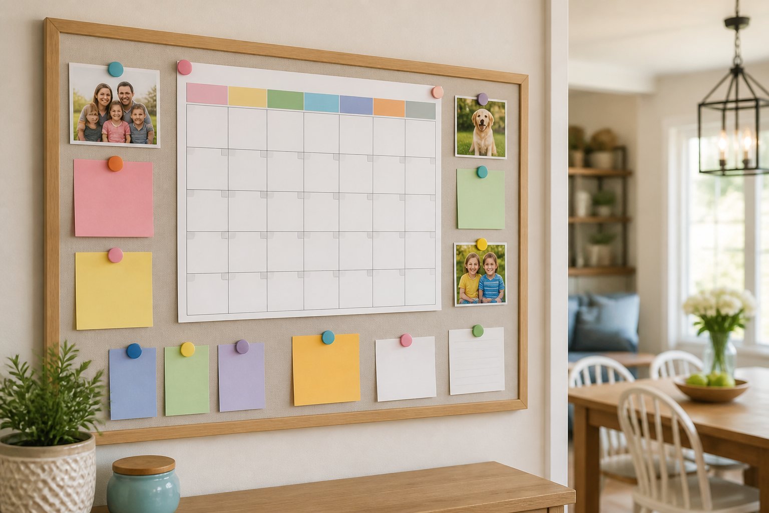 A corkboard with a family calendar, appointment notes, and photos displayed in a cozy home setting.