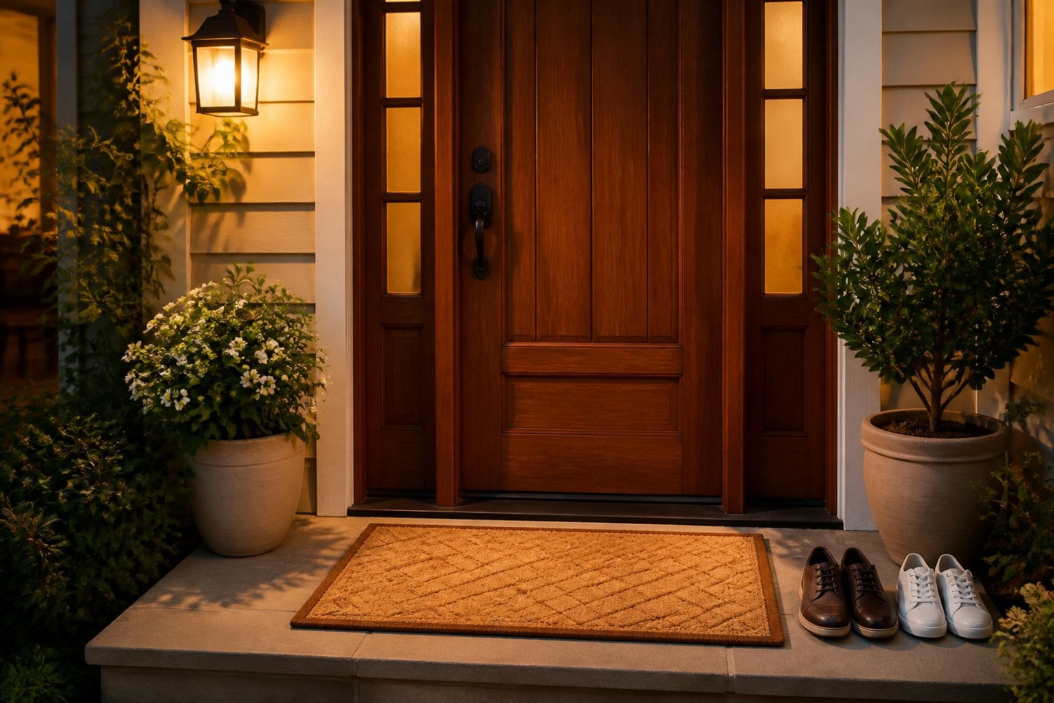 A home entrance with a welcome mat, potted plants, shoes, and a wooden door.