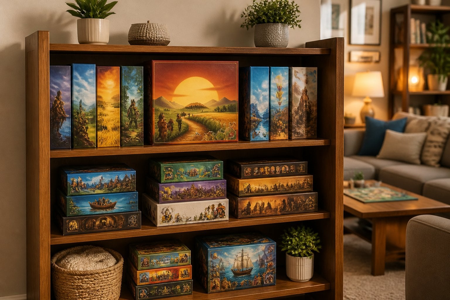 A living room shelf filled with a neatly arranged collection of board games, including Catan, surrounded by cozy home decor.