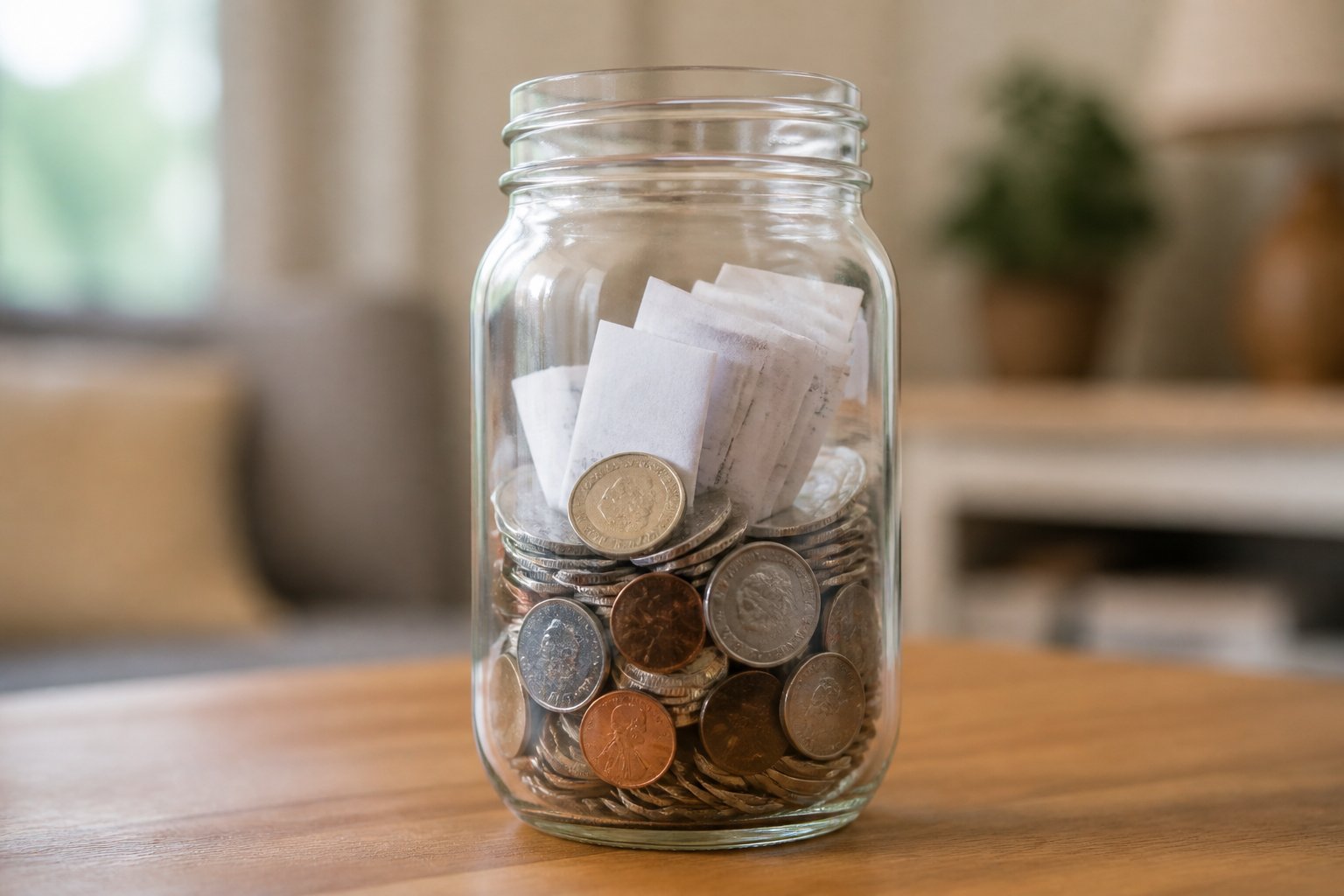A mason jar filled with spare change and small receipts on a wooden surface.