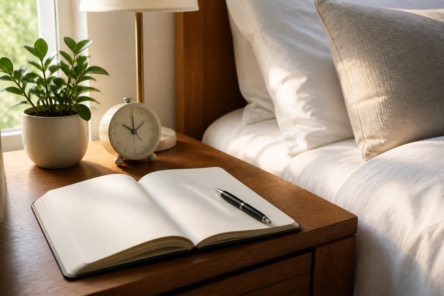 A bedside nightstand with an open notebook and pen, next to a bed with white linens and a small potted plant.