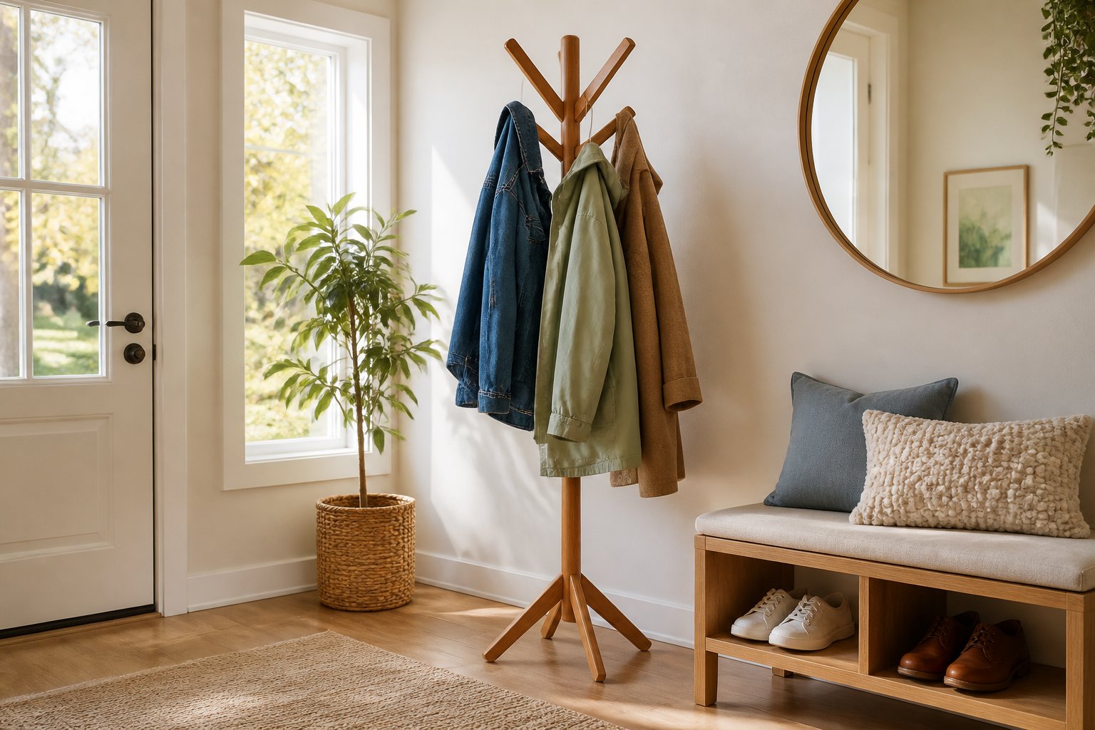 A coat rack by an entryway holding several daily-use jackets with a small rug and a bench nearby.
