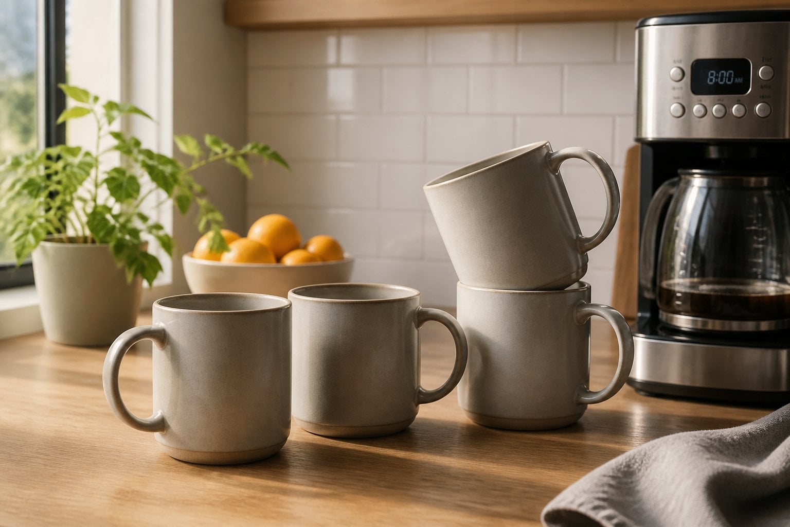 A set of matching sturdy ceramic mugs on a kitchen countertop with morning sunlight and a coffee maker nearby.
