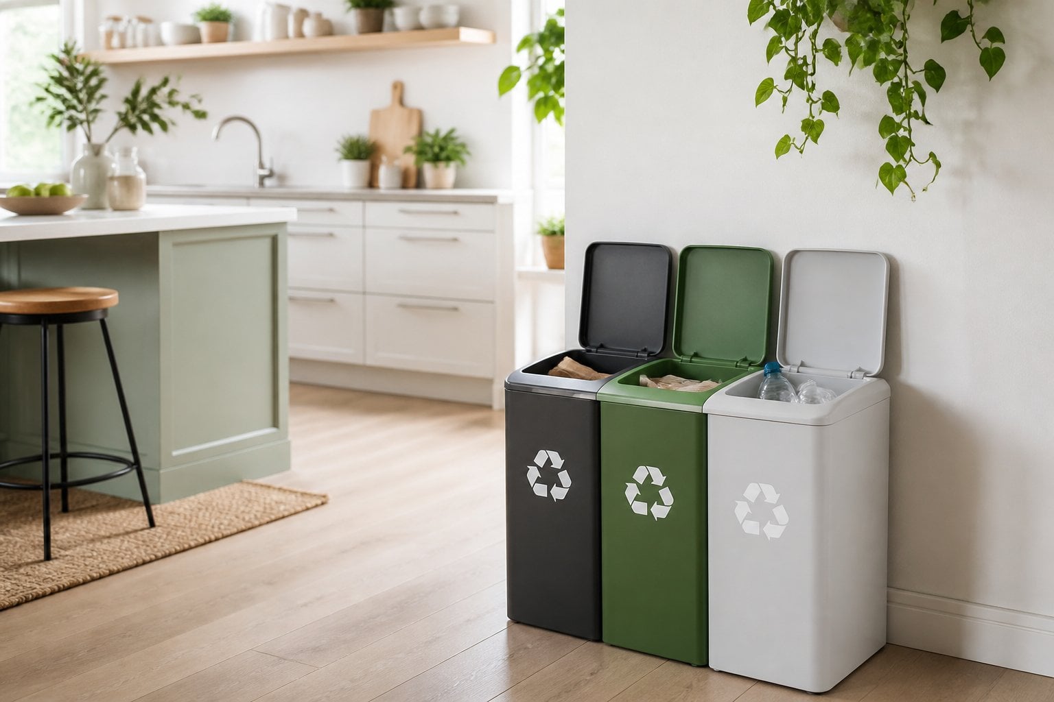 A clean and tidy kitchen area with an easily accessible recycling bin placed near the countertop.