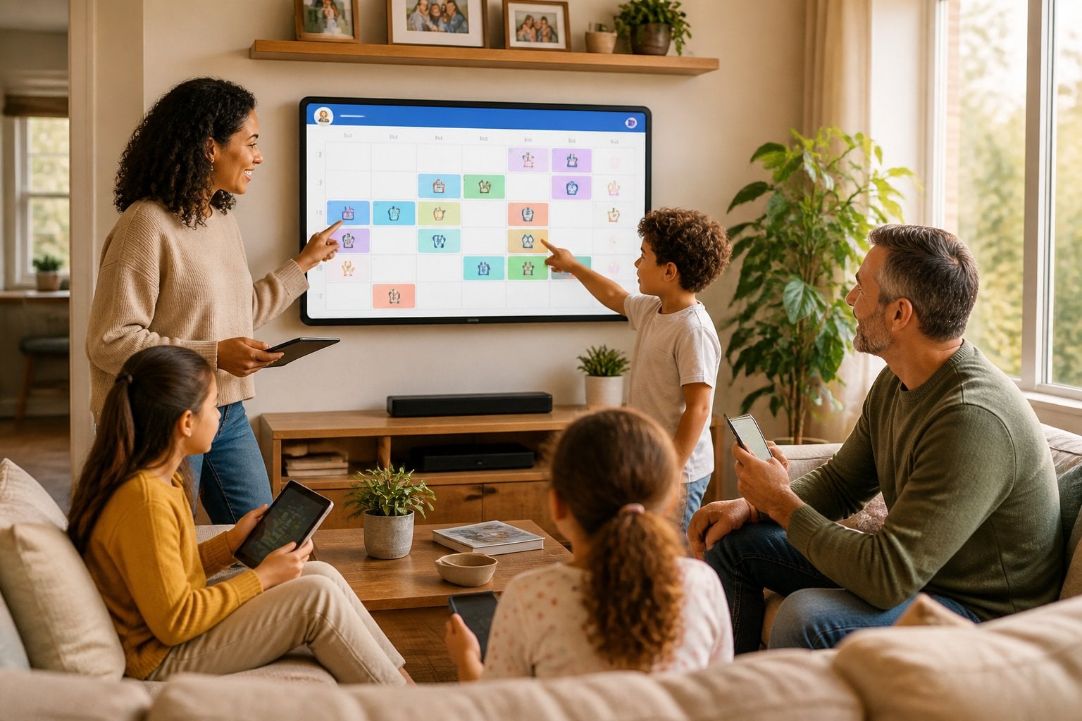 A family gathered in a living room interacting with a large digital calendar displayed on a wall screen, showing their shared schedules and activities.