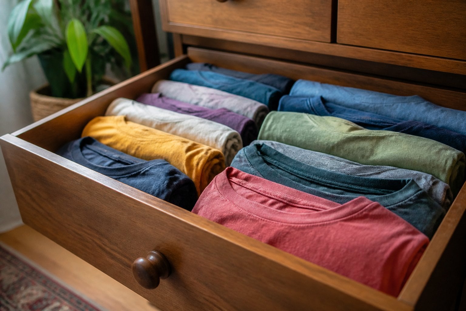 An open drawer filled with a variety of folded, worn T-shirts in different colors and patterns.
