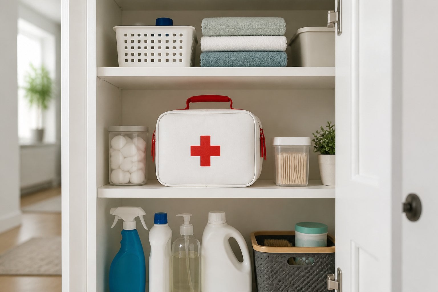 A first-aid kit placed inside a kitchen or hall closet among household items.