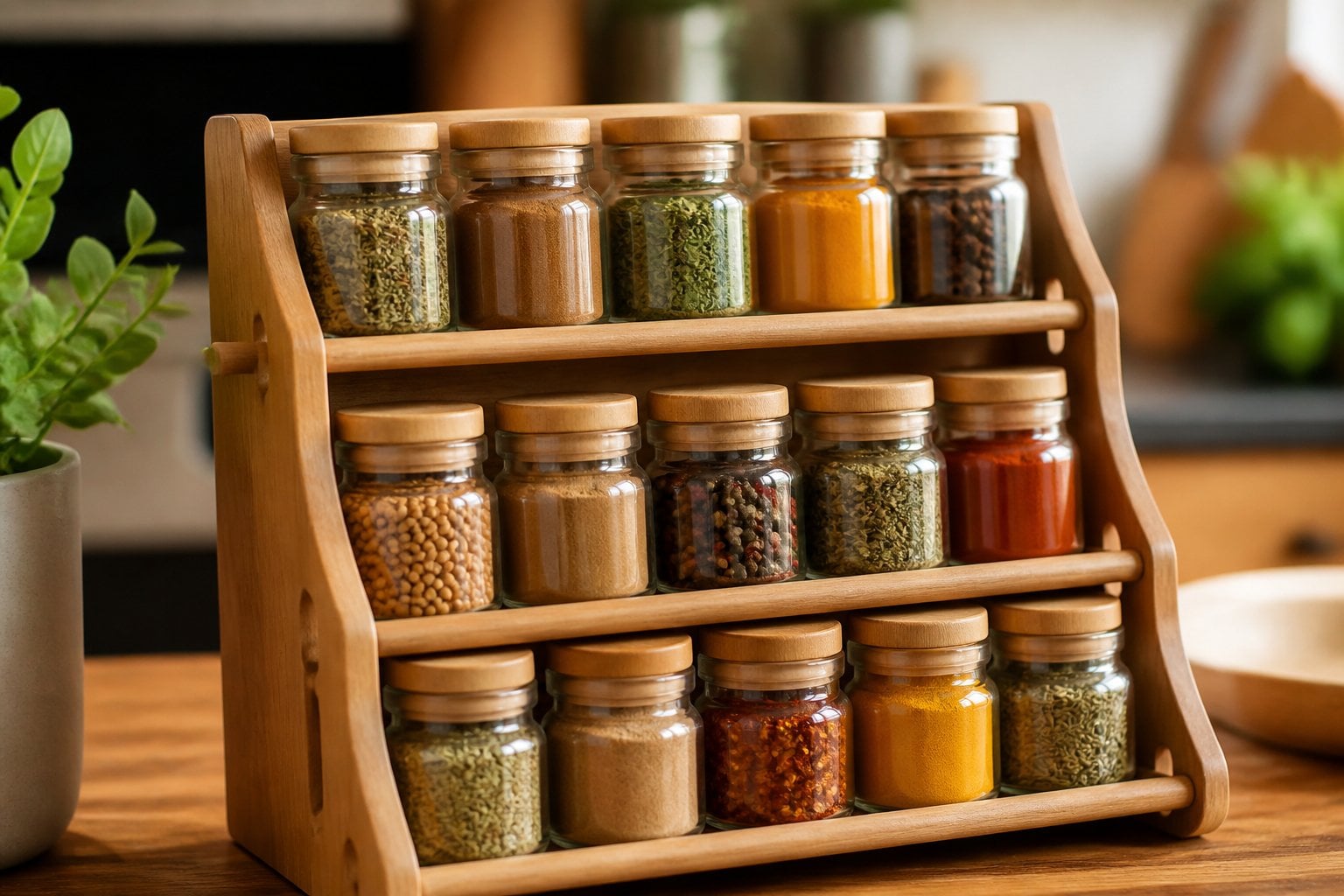 A neatly organized wooden spice rack holding glass jars filled with various spices including cumin and oregano.