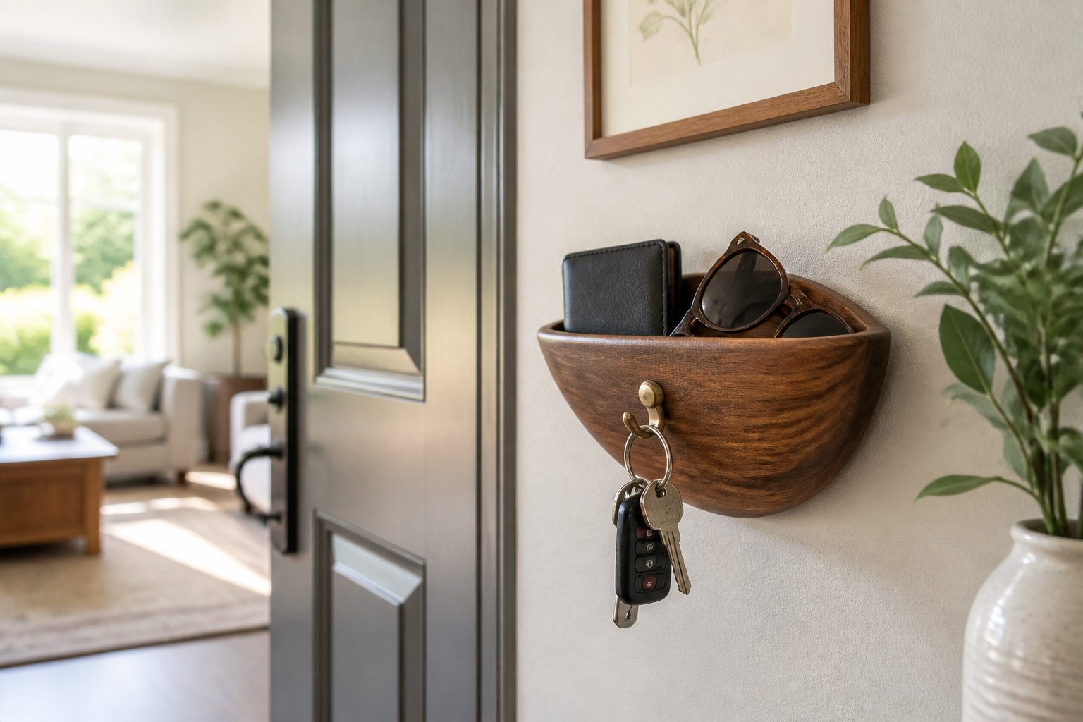 An entryway with a key bowl or hook near the door holding keys and daily essentials.
