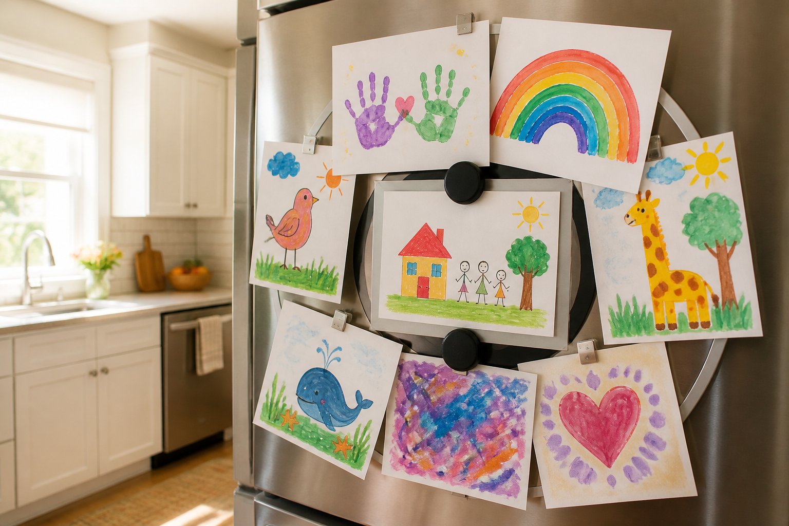 A kitchen refrigerator displaying colorful children's artwork on a rotating display in a cozy home setting.
