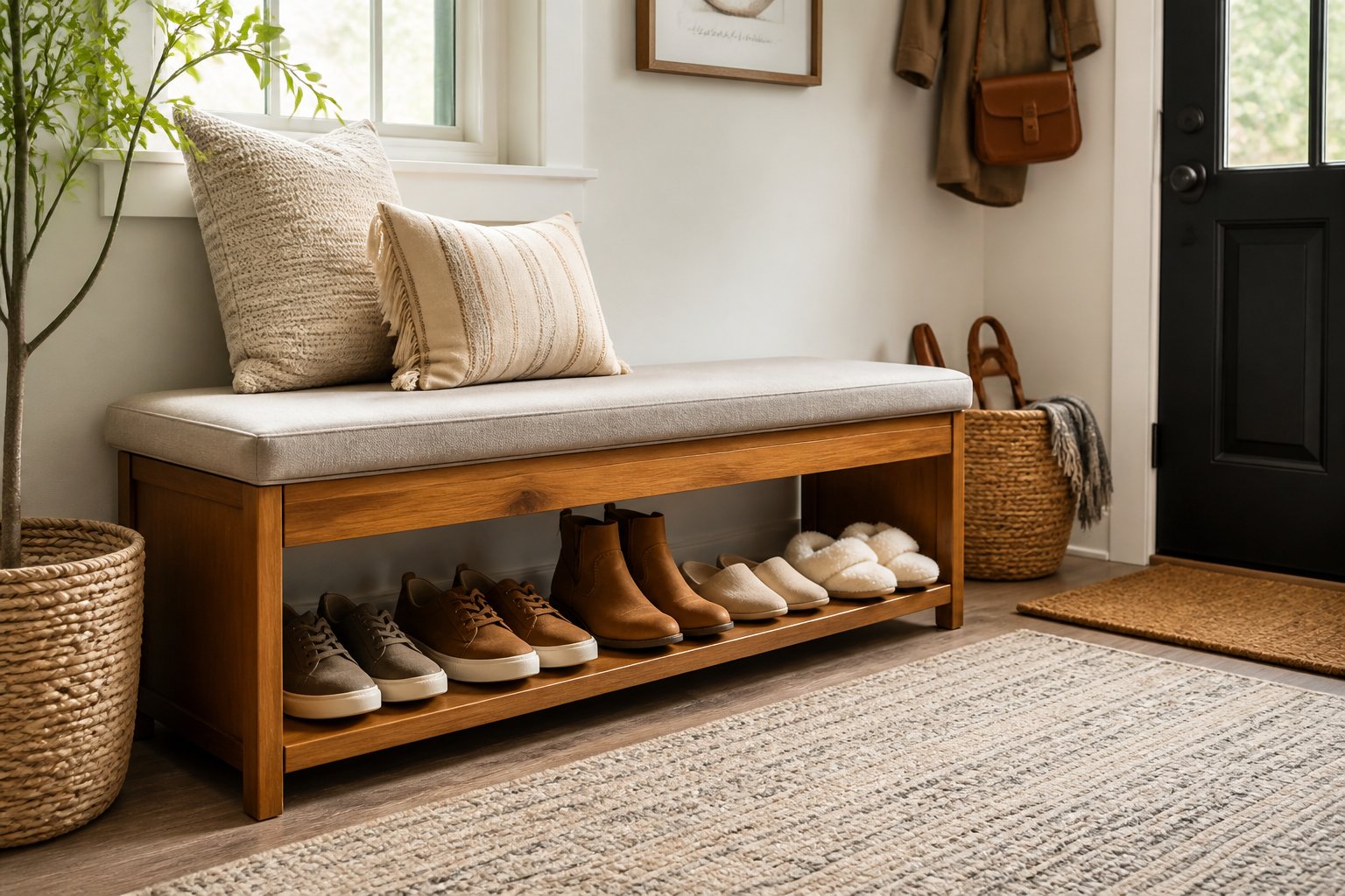 Entryway with a wooden shoe bench by the door holding several pairs of shoes and a small plant nearby.