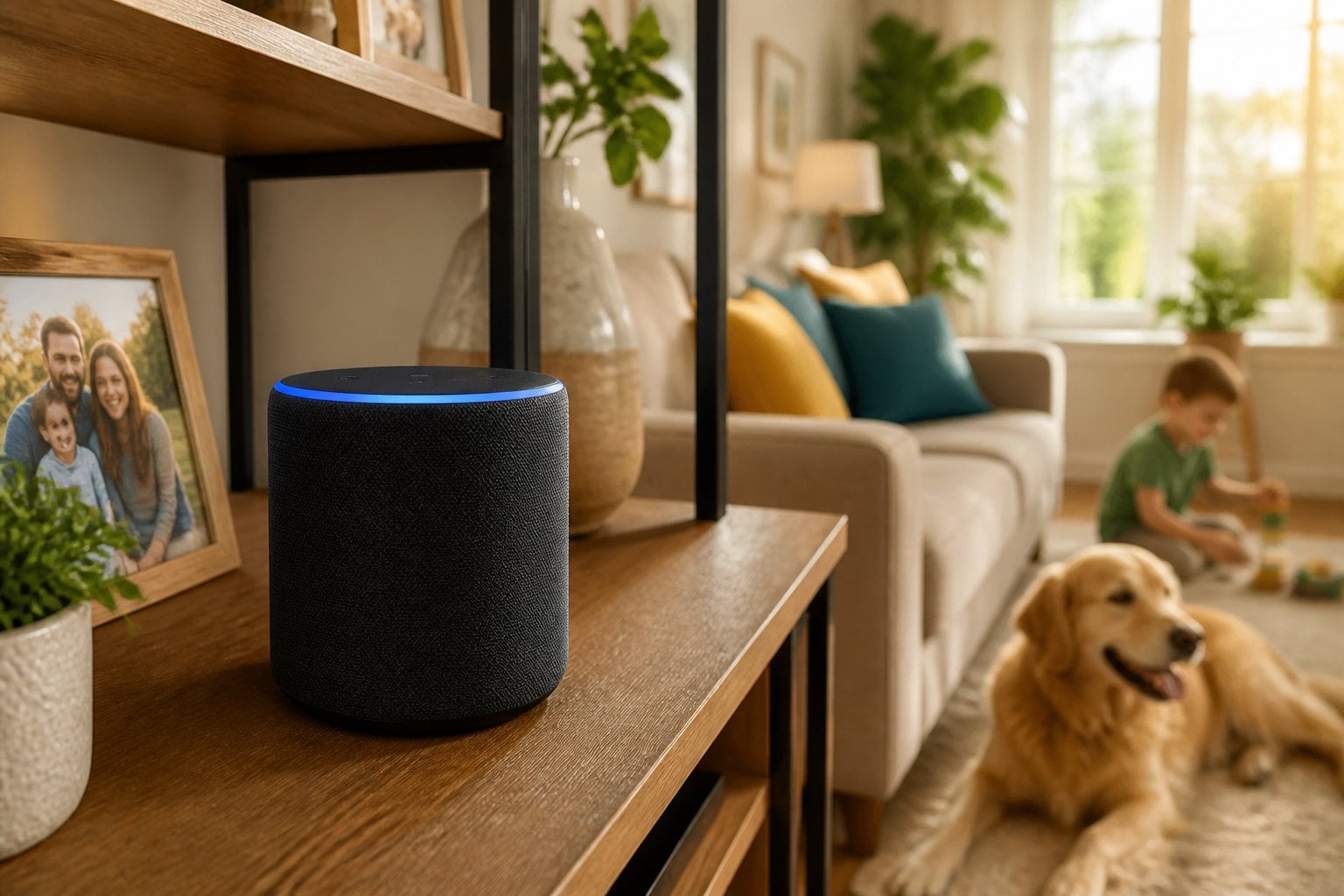 A modern smart speaker glowing on a wooden table in a cozy family living room with a sofa, cushions, and natural light.