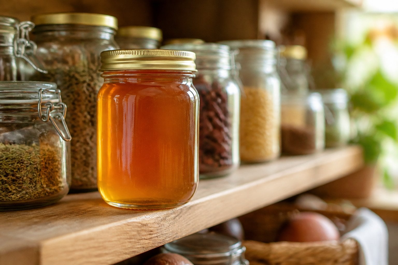 A jar of honey on a wooden pantry shelf surrounded by other jars of herbs and spices.