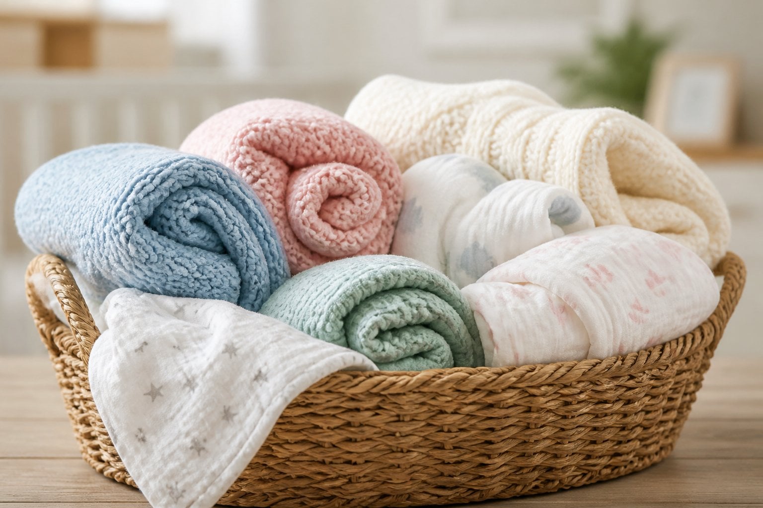A basket filled with soft baby blankets in various colors and textures.