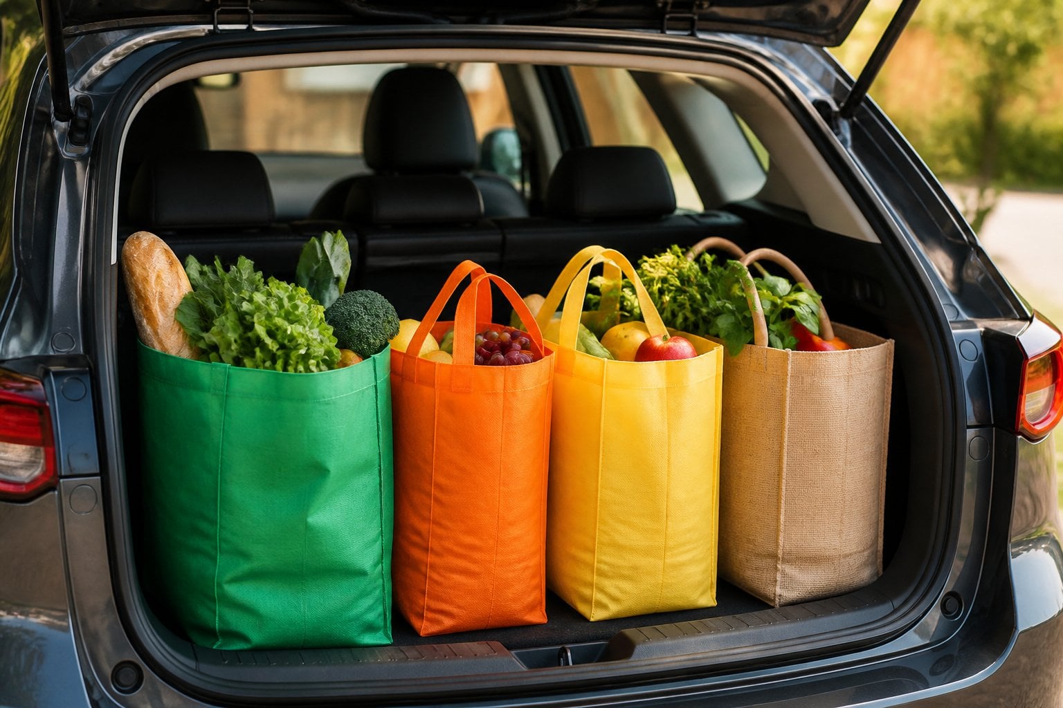 Reusable grocery bags stored neatly in a car trunk or hanging by a home's front door.