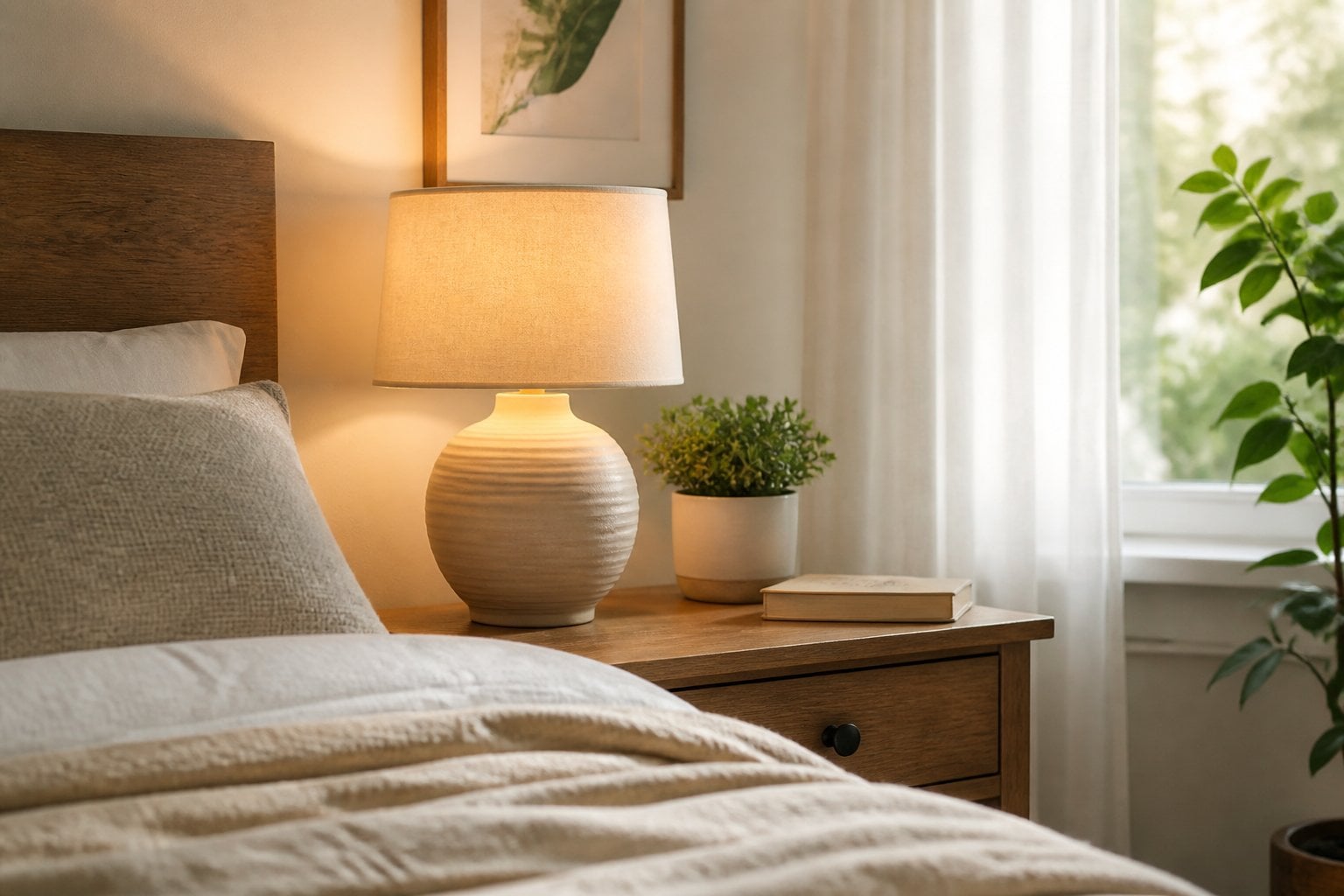 A bedside lamp with a warm LED light on a nightstand next to a bed in a cozy bedroom.
