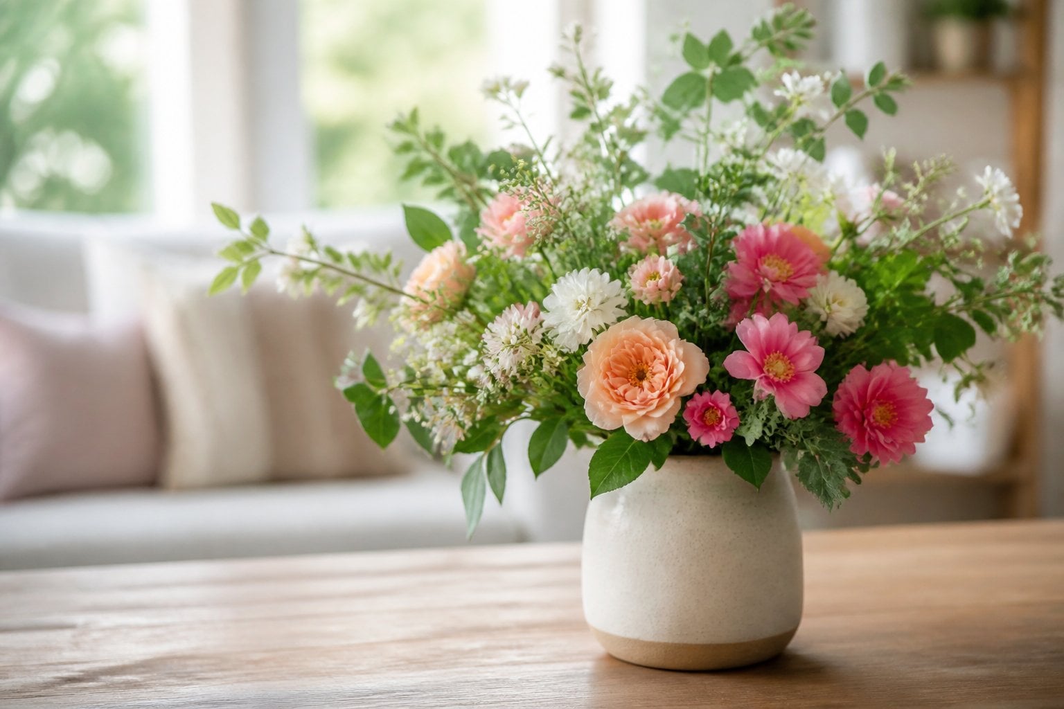 A tabletop vase filled with fresh flowers and greenery on a wooden table in a cozy home.