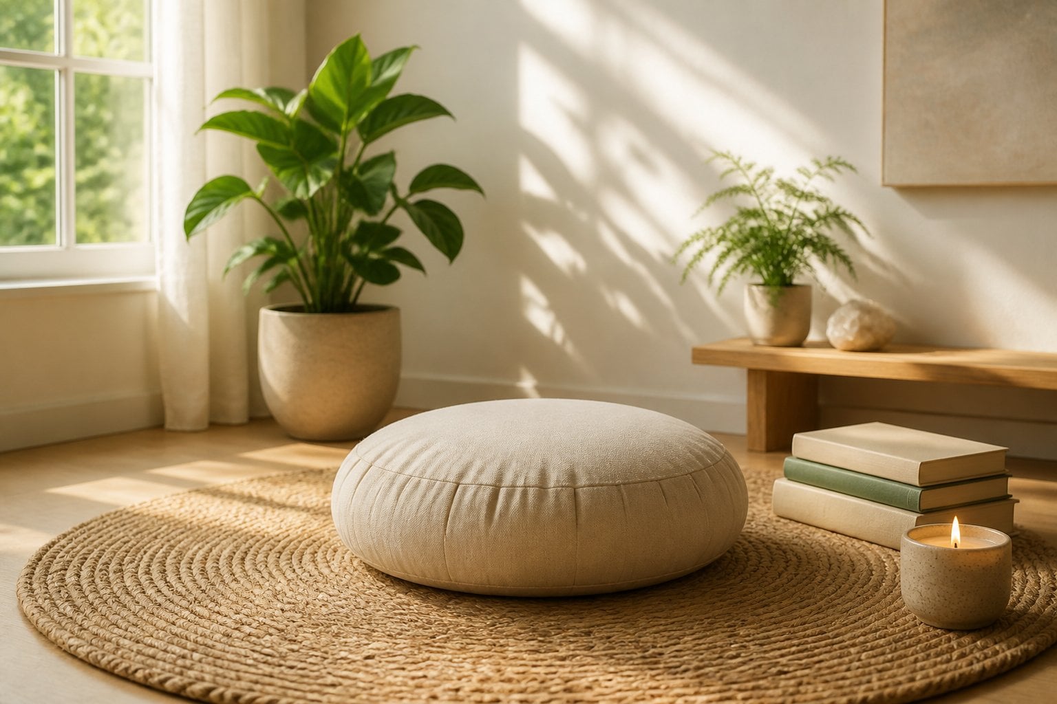 A peaceful meditation corner with a round cushion on a woven rug, a small plant, books, and a lit candle near a sunlit window.