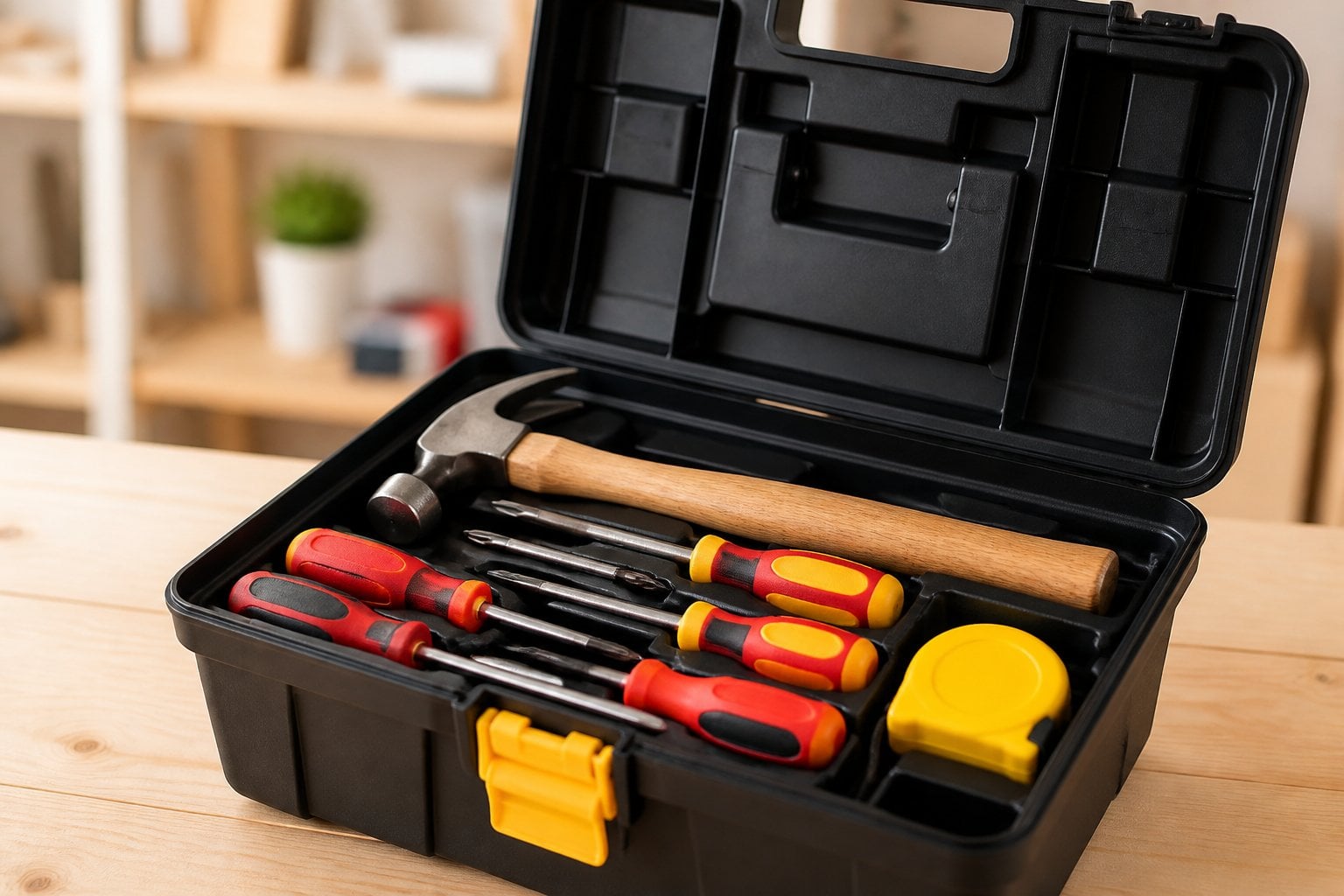 An open toolbox on a wooden surface with a hammer, screwdrivers, and a tape measure inside.