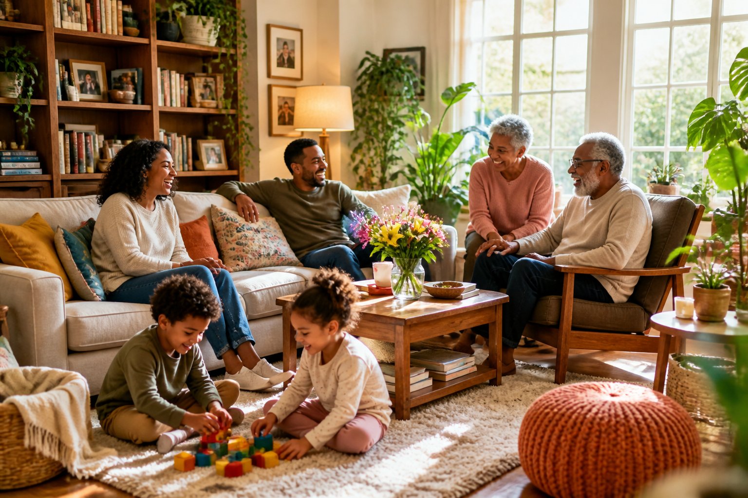A bright living room with a happy family interacting, surrounded by plants, books, and cozy furniture.