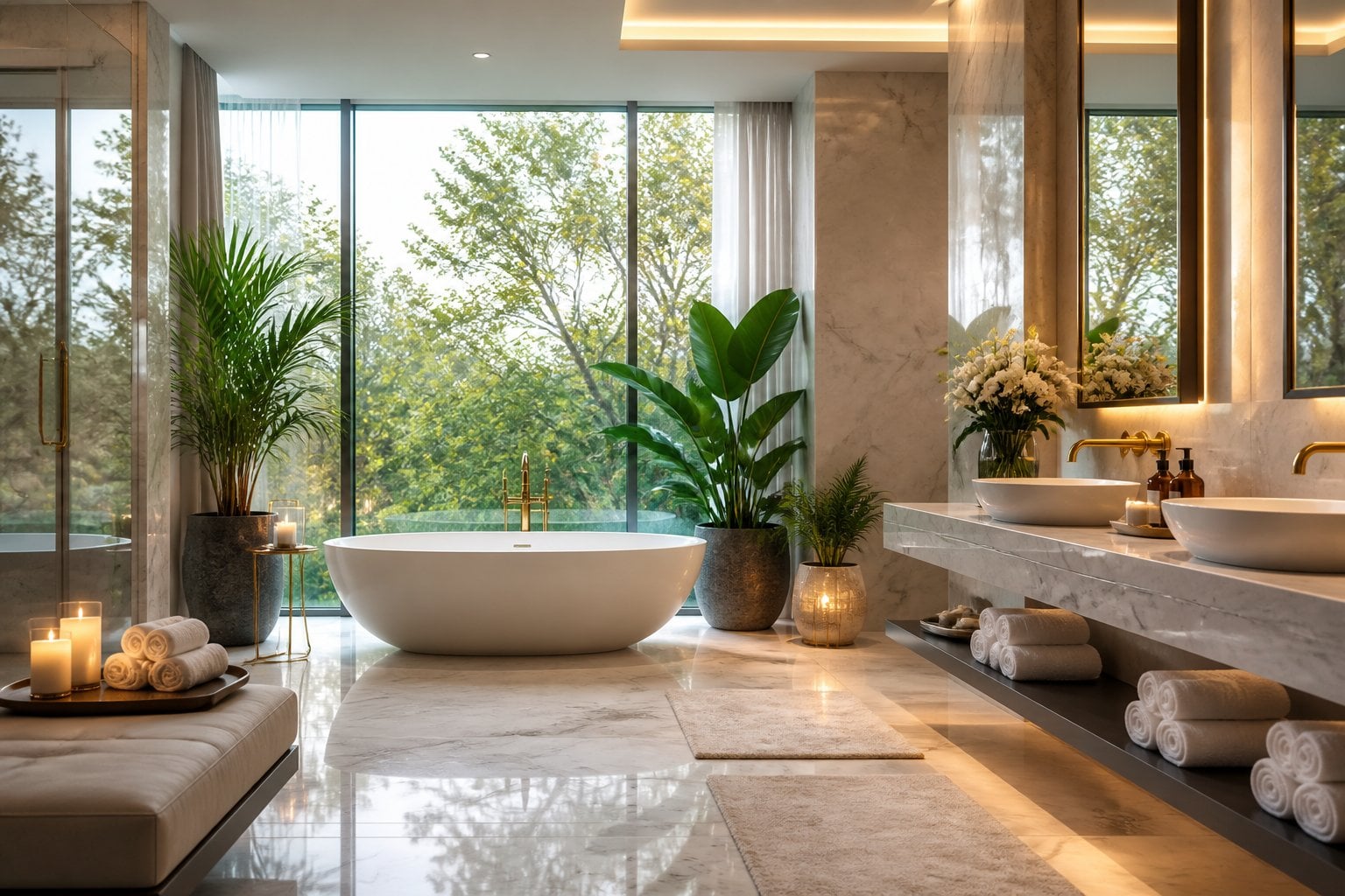 A spacious bathroom with a freestanding bathtub, large windows, marble floors, plants, and a double vanity with mirrors.