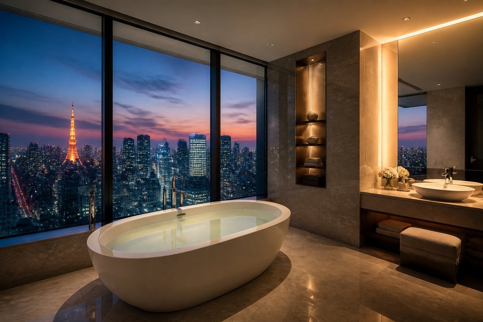 A soaking tub in a suite bathroom with a large window showing the Tokyo skyline at dusk.