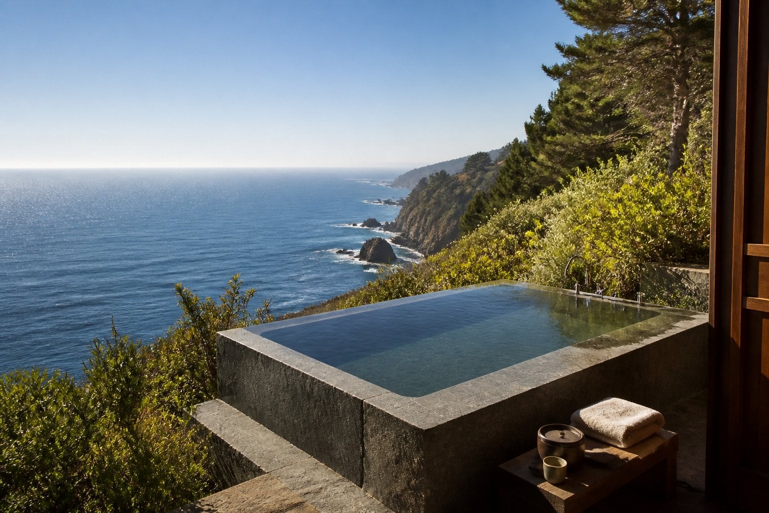 Infinity bathtub on a cliff overlooking the Pacific Ocean at Post Ranch Inn in Big Sur.