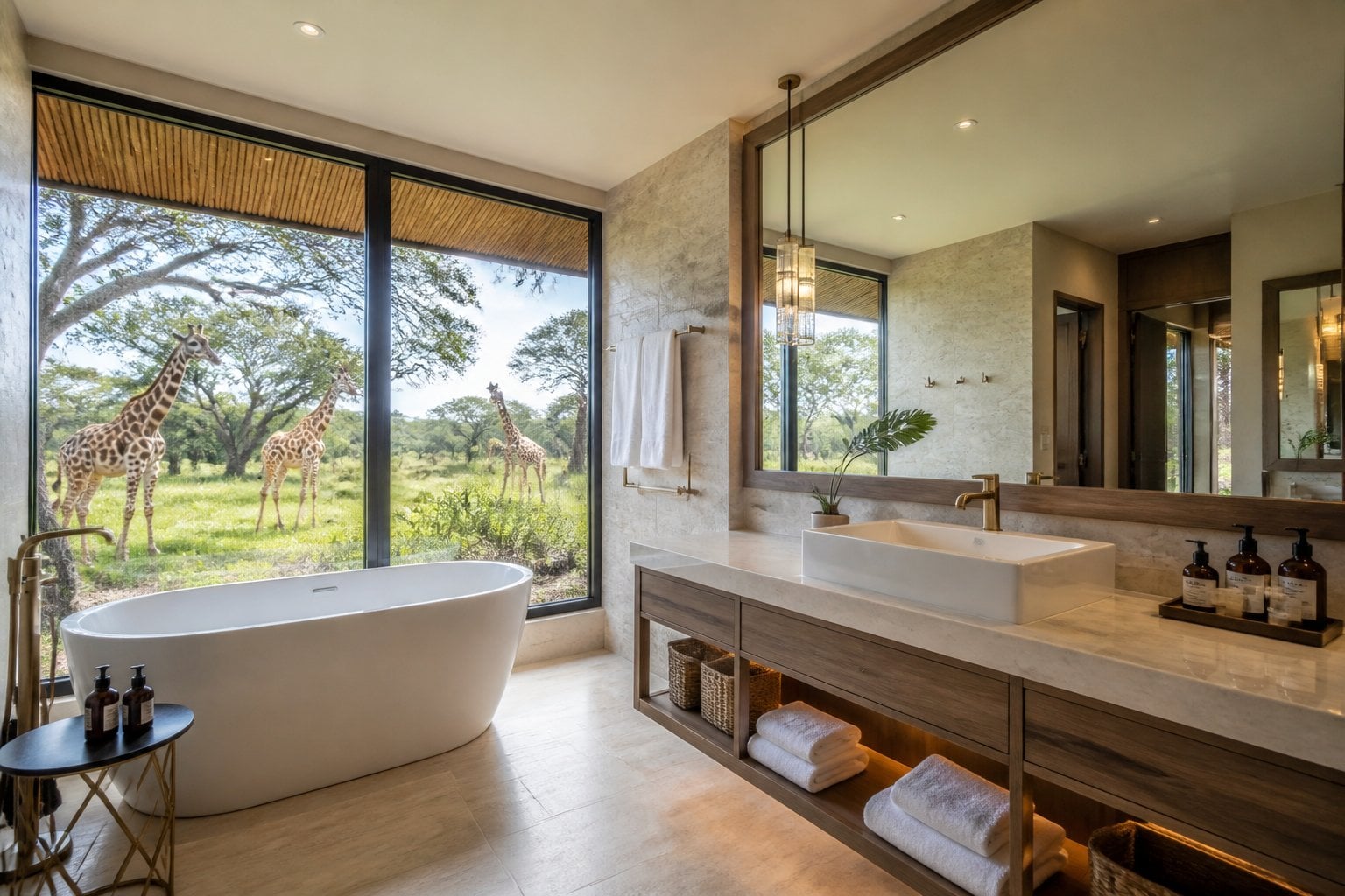 Luxurious bathroom with large windows showing giraffes outside in a natural setting.