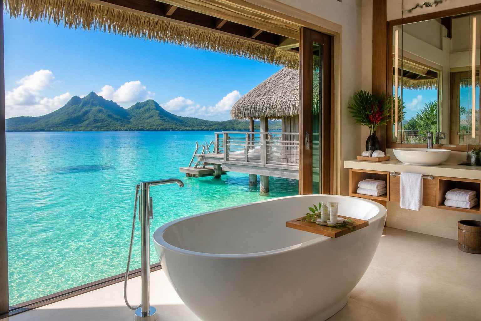Overwater villa bathroom with a freestanding bathtub overlooking a clear turquoise lagoon.