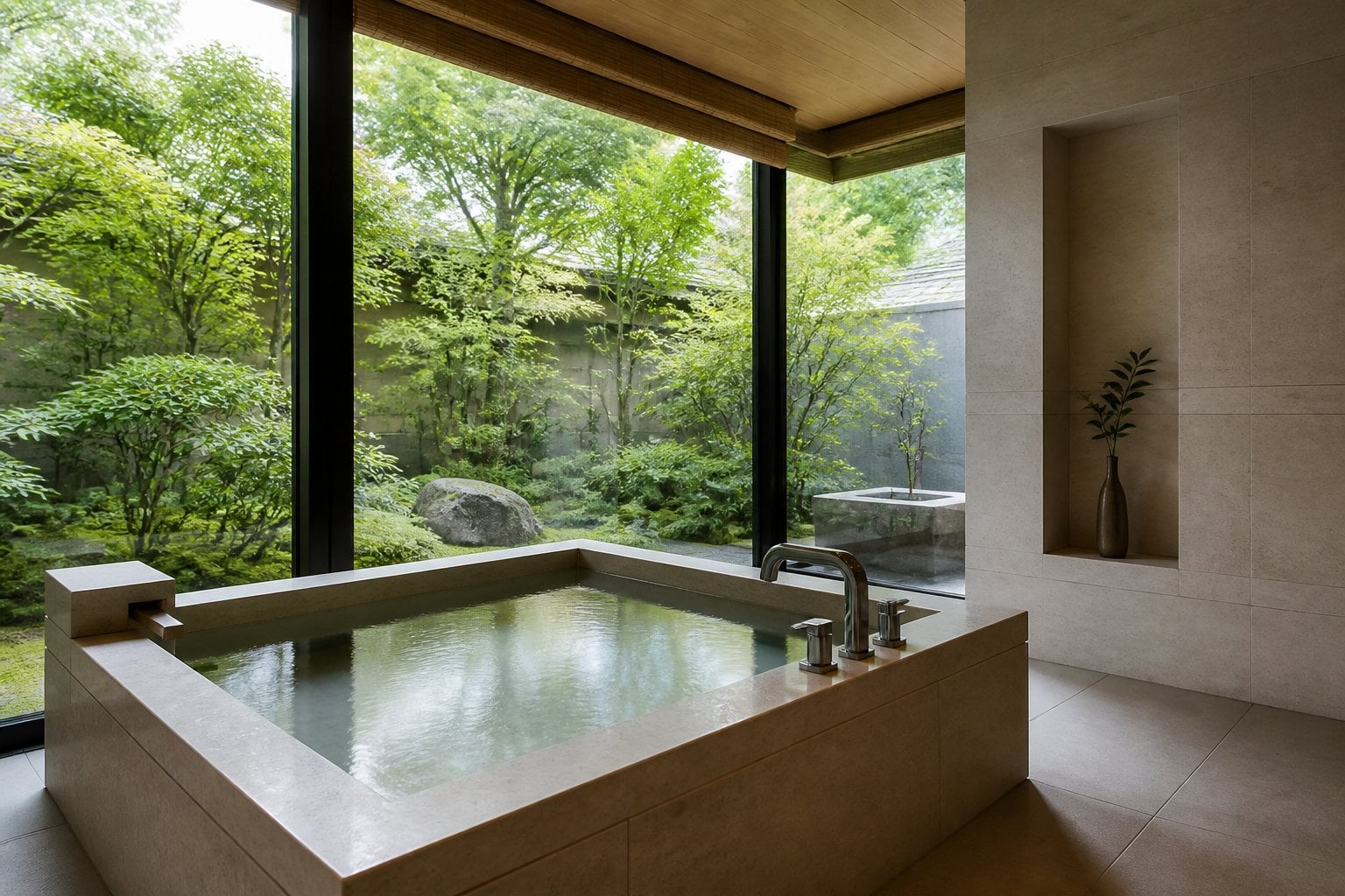 A limestone soaking bath overlooking a Japanese garden through large windows.