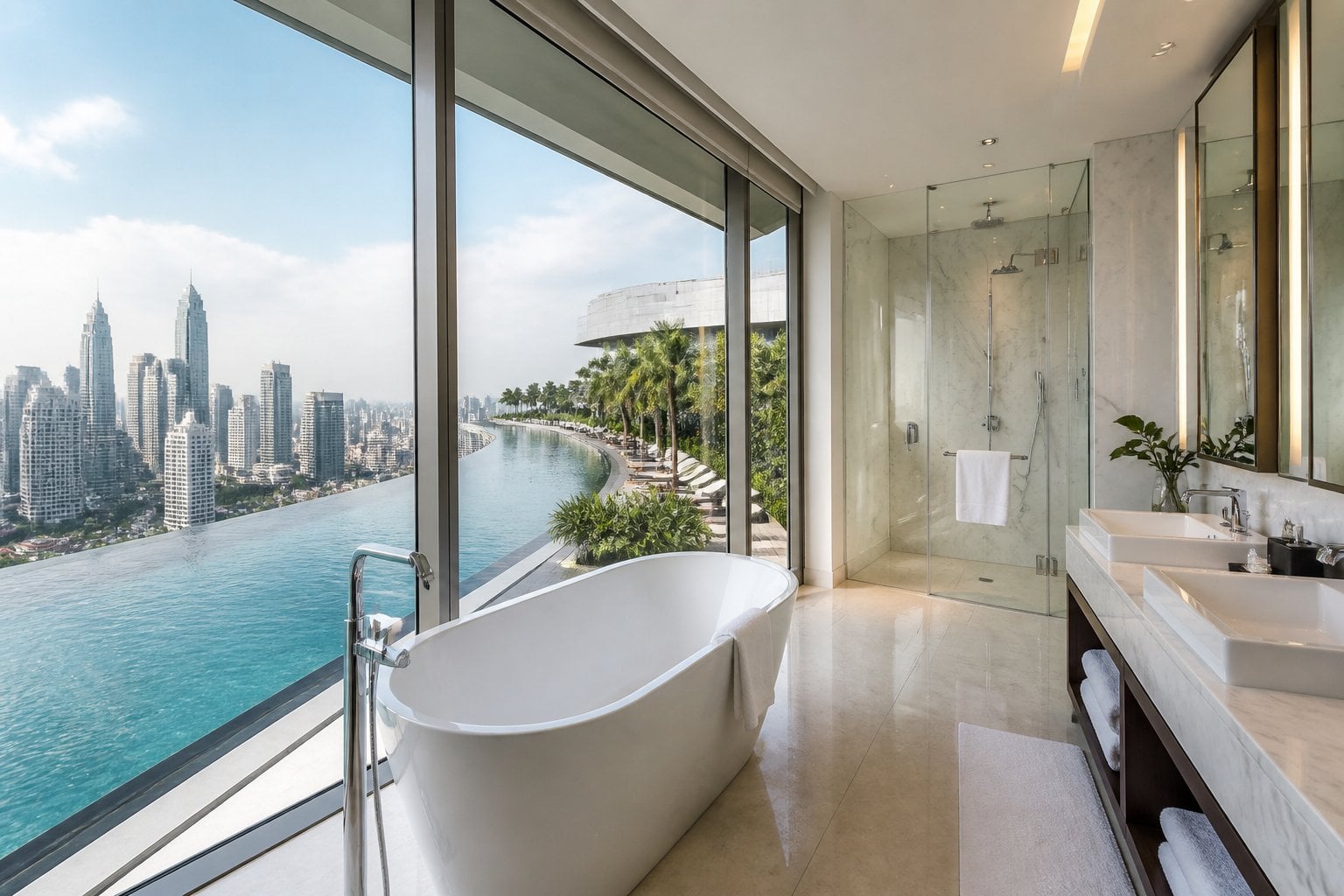 Luxurious bathroom with a freestanding bathtub and large windows overlooking an infinity pool and city skyline.