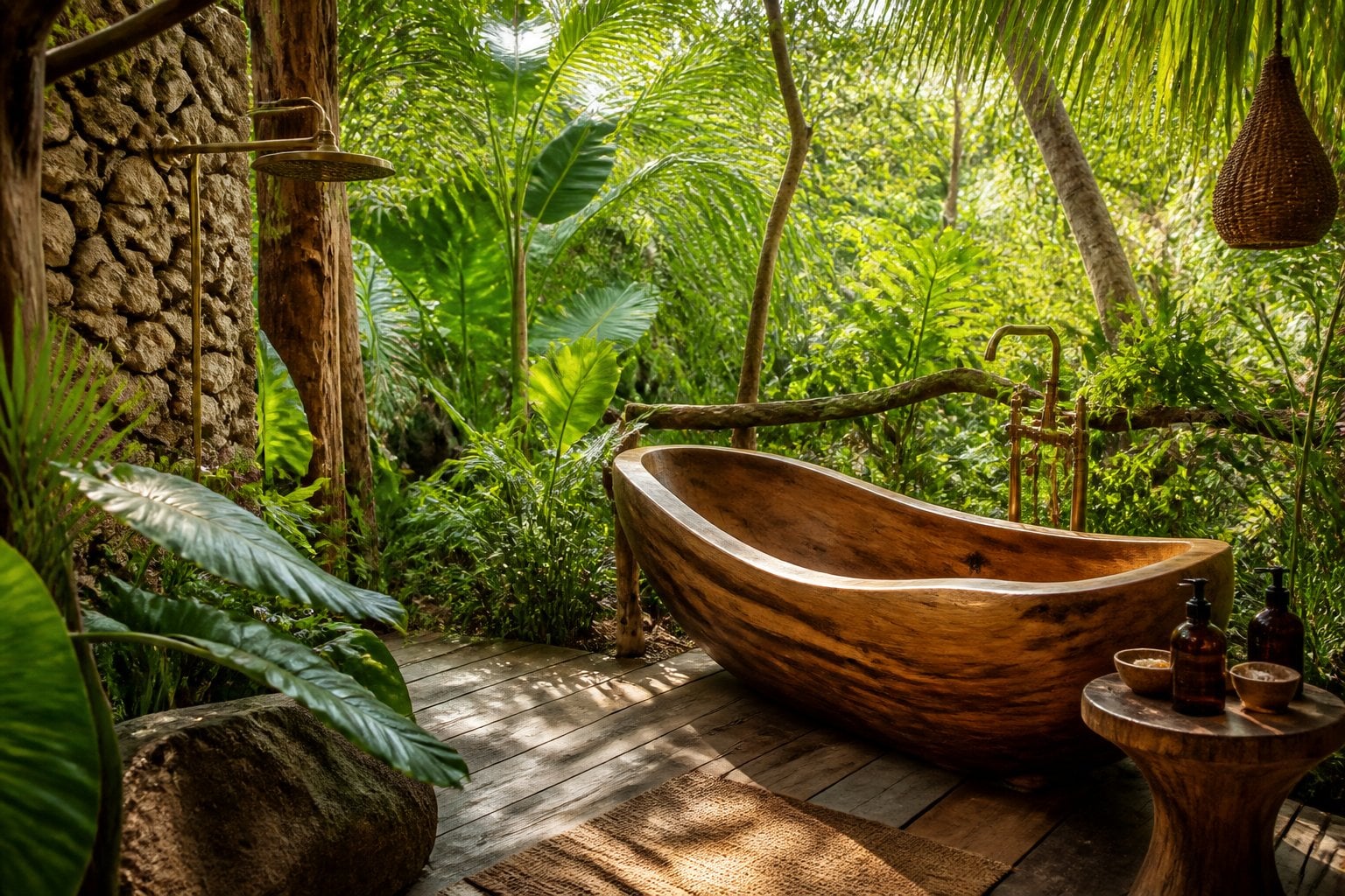 An open-air bathroom with a handcrafted wooden bathtub surrounded by dense tropical jungle plants.