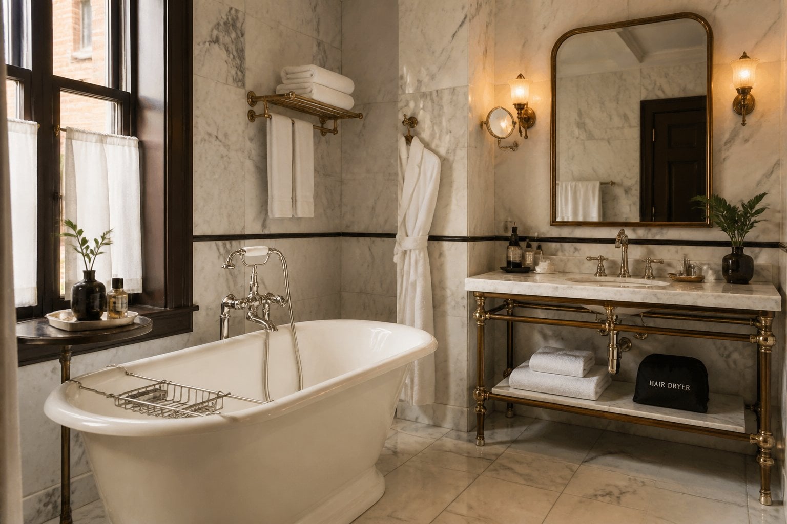 A marble-clad vintage bathroom with a freestanding bathtub, ornate mirror, and polished fixtures illuminated by natural light.