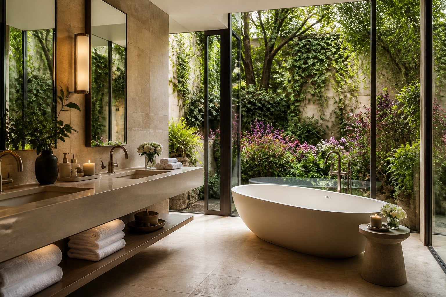 A spacious spa bathroom with a freestanding bathtub and large windows overlooking a green garden.