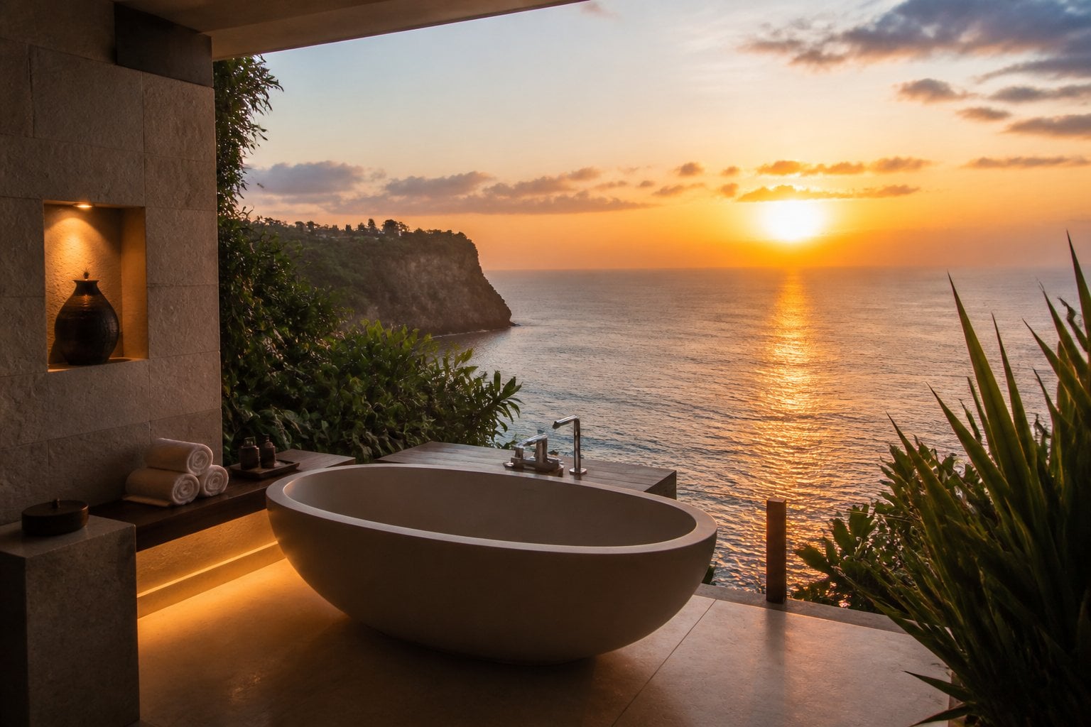 A freestanding bathtub on a cliff edge overlooking the ocean during a colorful sunset with tropical plants around.