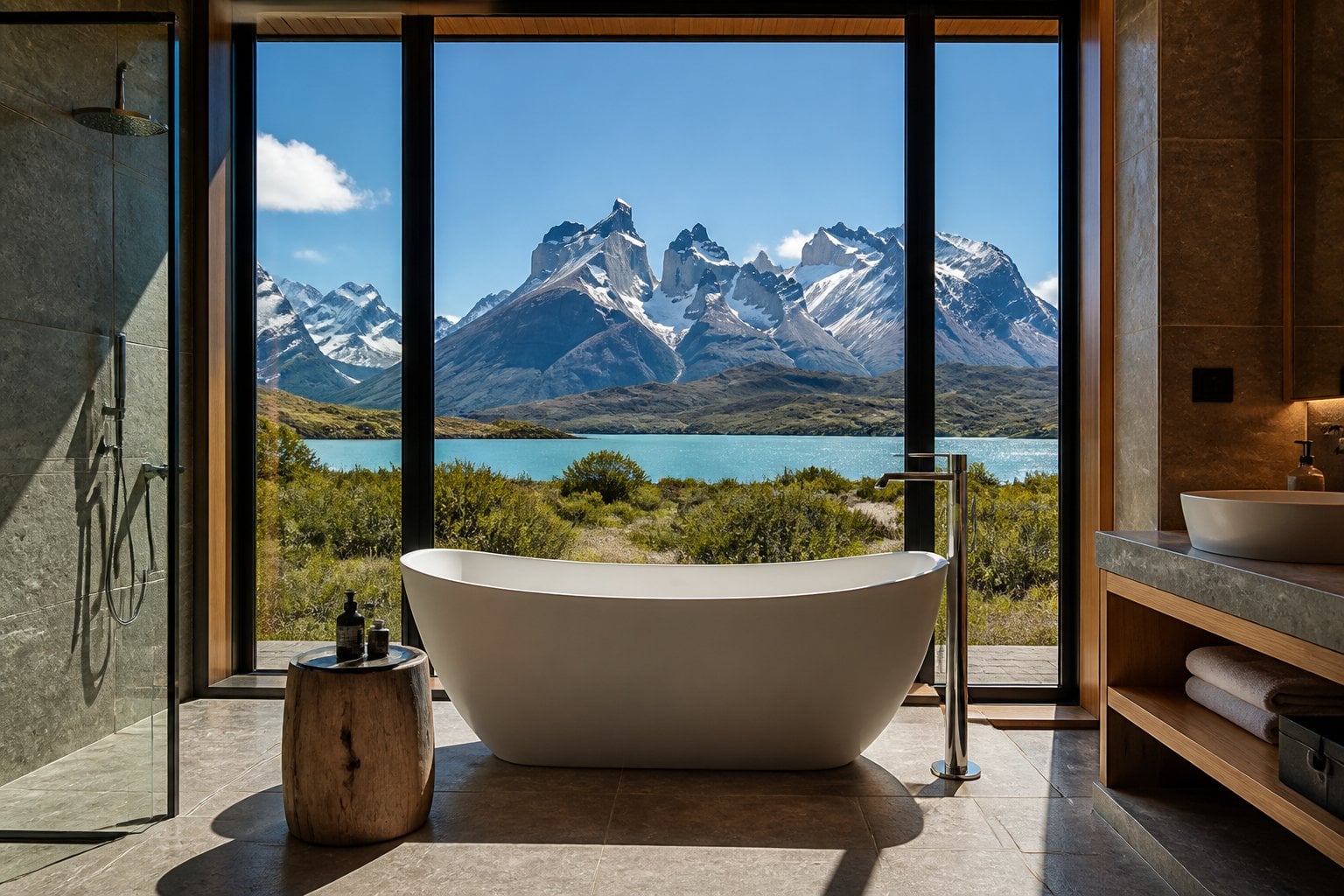 Bathroom with large glass windows overlooking the Torres del Paine mountains in Patagonia.