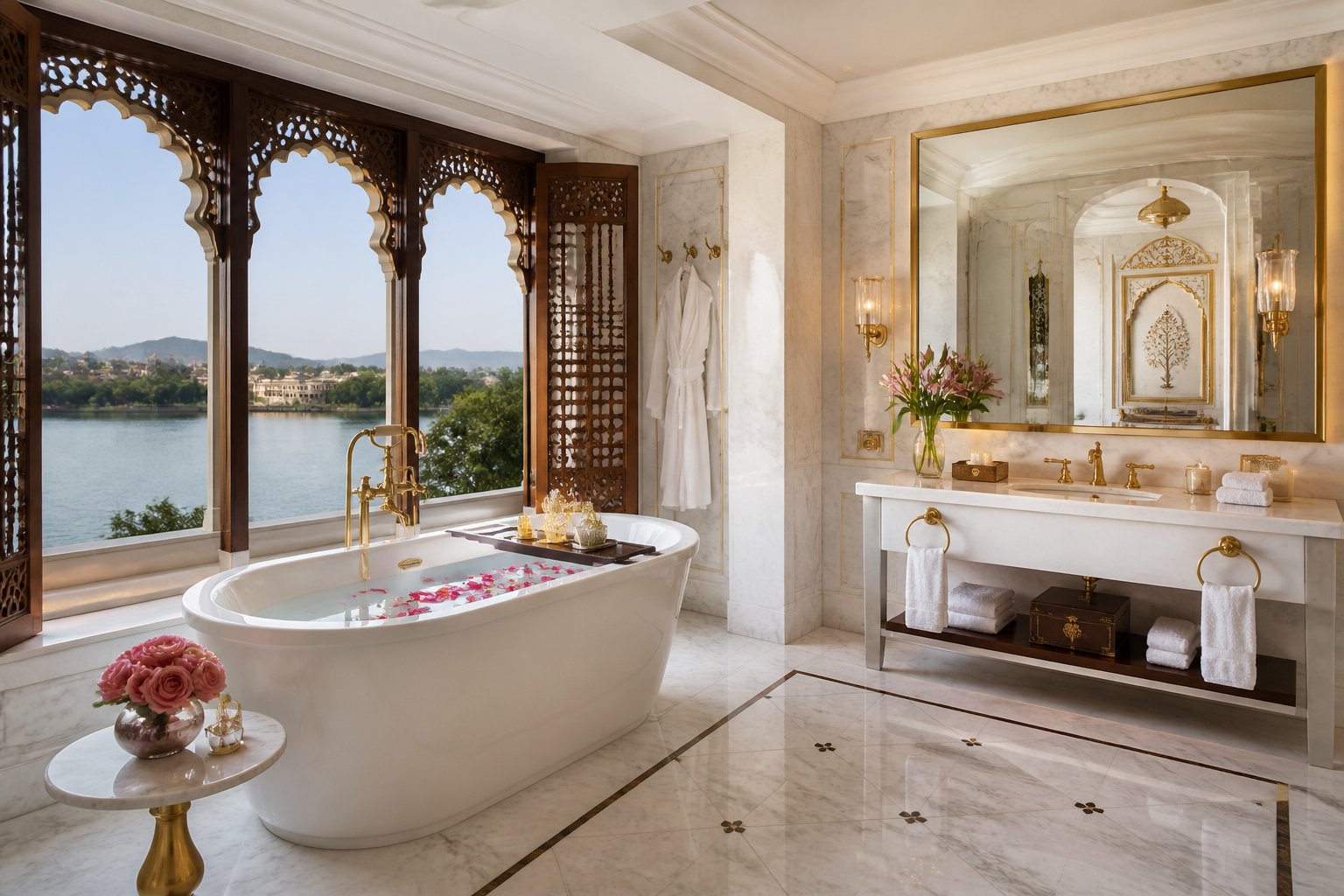 A marble bathroom with a freestanding bathtub facing traditional carved windows overlooking a calm lake and greenery.