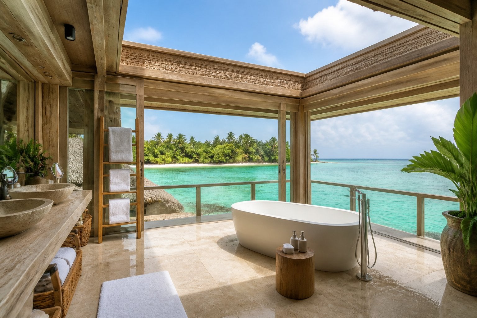 A spacious bathroom in a water villa with a freestanding bathtub overlooking clear blue lagoon waters through glass walls and a partially open retractable roof.