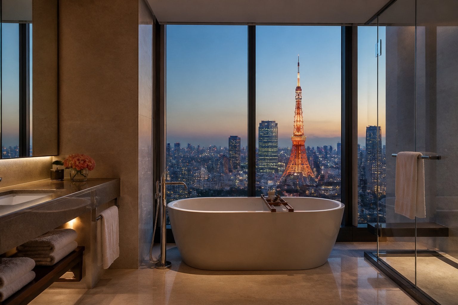 A spacious bathroom with a minimalist bathtub next to a large window showing a clear view of Tokyo Tower at dusk.