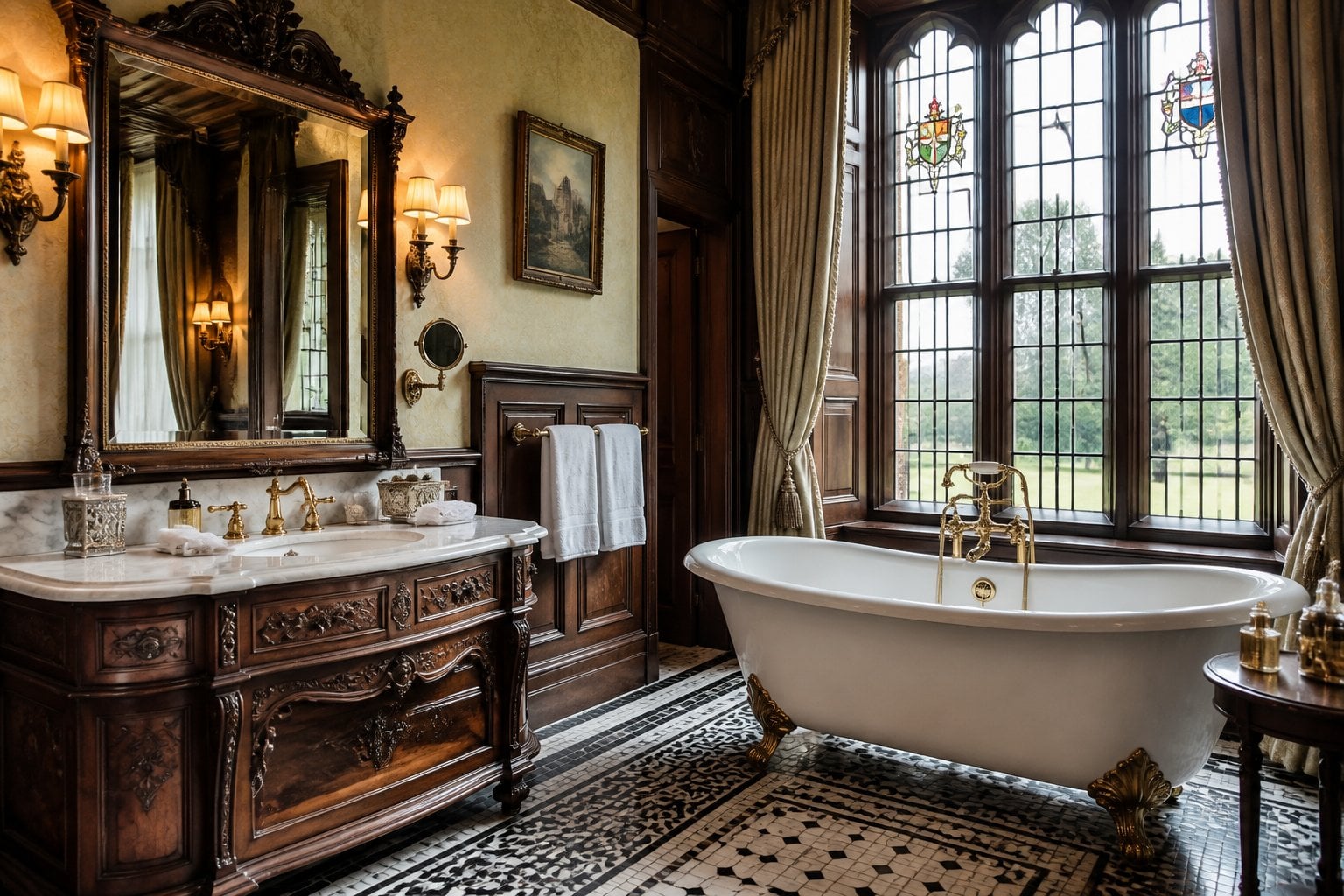 Historic bathroom with a clawfoot bathtub, vintage vanity, and ornate fixtures in a castle setting.