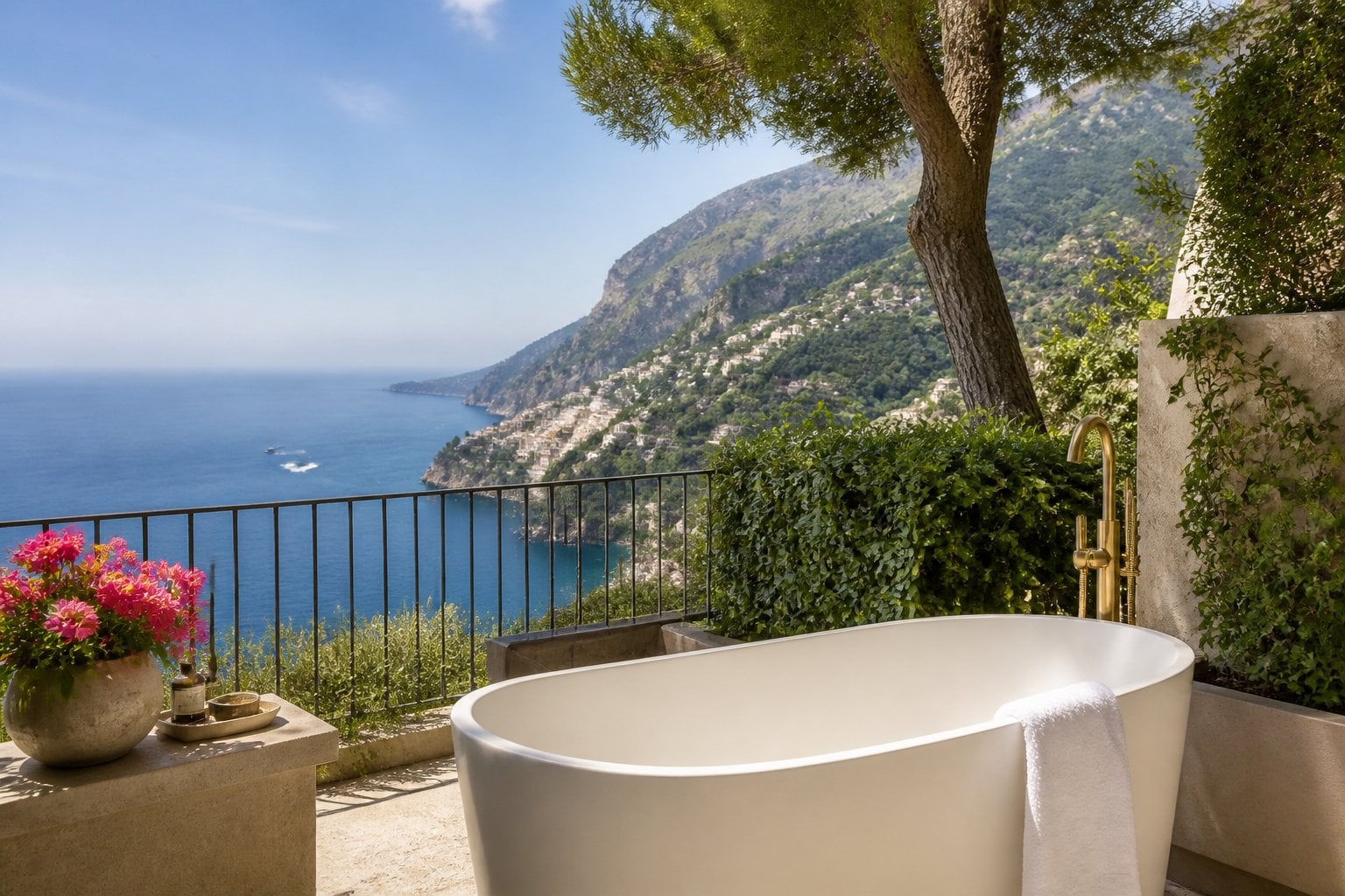 A terrace bathroom with a freestanding bathtub overlooking the Amalfi Coast and colorful cliffside villages.